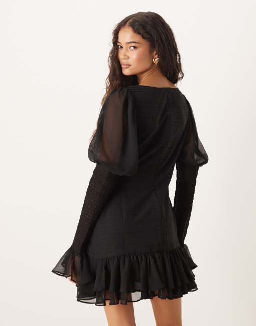 ASOS DESIGN - Robe courte à encolure bateau et taille tombante avec manches froncées - Noir, 3 de 4