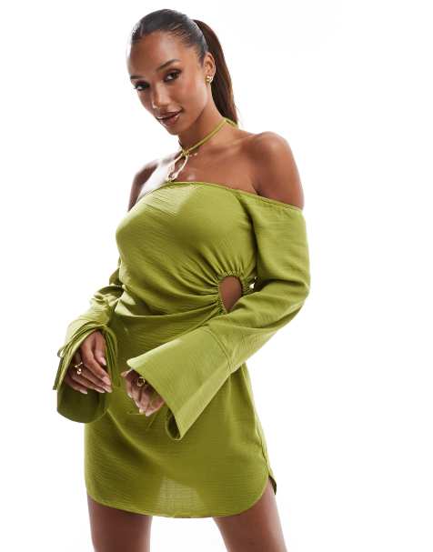 ASOS DESIGN - Robe courte à épaules dénudées et encolure américaine avec ourlet arrondi et détail métallique - Vert - view 1