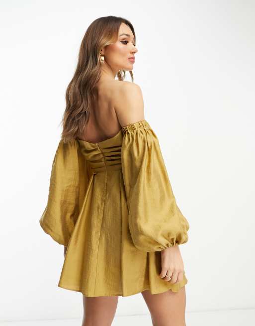   ASOS DESIGN - Robe courte à épaules dénudées et manches ballon avec buste croisé - Taupe délavé, 2 de 4