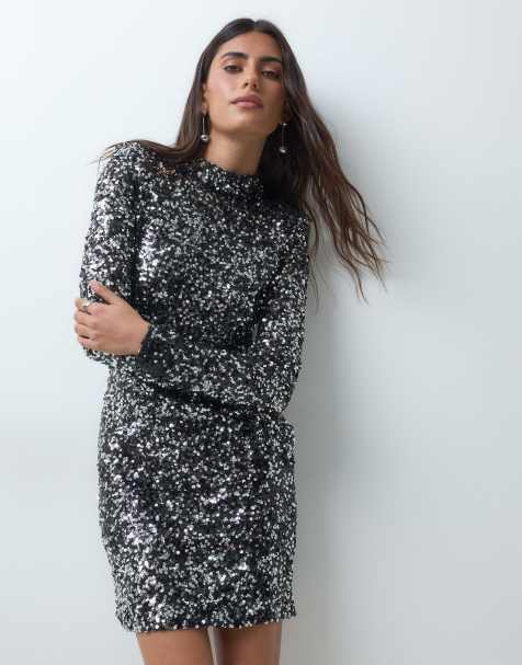 ASOS DESIGN robe courte à épaulettes ornée de sequins et dos nu, argentée - view 1