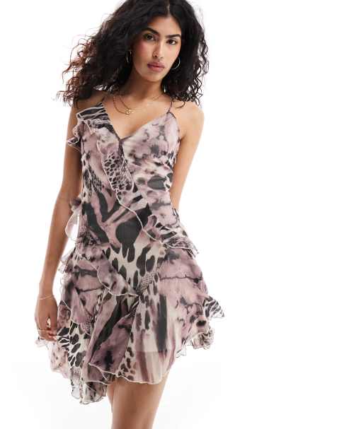 ASOS DESIGN - Robe courte à fines bretelles et à volants asymétriques - Imprimé animal varié - view 1