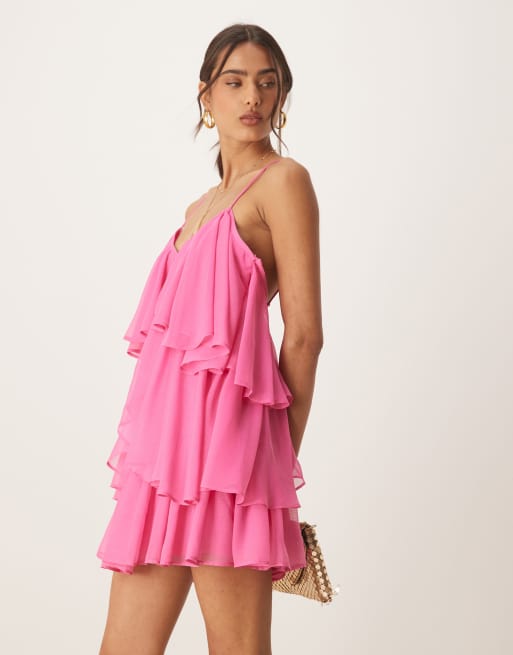 ASOS DESIGN - Robe courte à fines bretelles et volants - Rose, 4 de 4