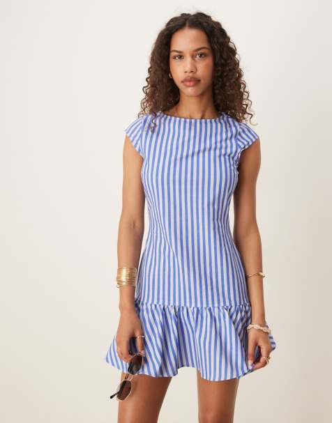 ASOS DESIGN - Robe courte à fines rayures avec taille basse et mancherons - Bleu - view 1