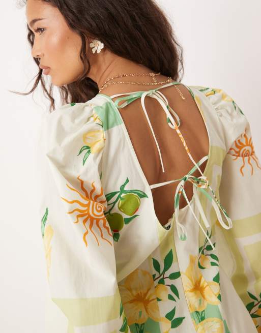 ASOS DESIGN - Robe courte à imprimé estival avec manches bouffantes et liens noués au dos, 2 de 4