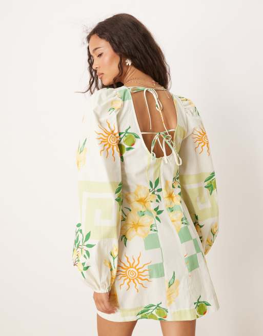 ASOS DESIGN - Robe courte à imprimé estival avec manches bouffantes et liens noués au dos, 4 de 4