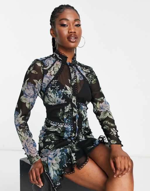 ASOS DESIGN Robe courte imprim fleuri avec bordures en dentelle Noir