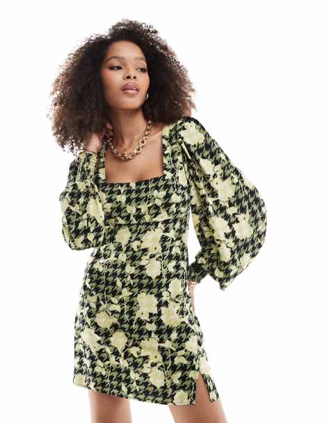 ASOS DESIGN - Robe courte à imprimé fleuri avec encolure carrée et manches blousantes - Vert/jaune - view 1