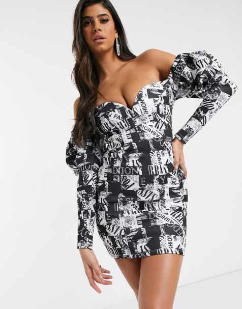 ASOS DESIGN - Robe courte à imprimé journal avec manches longues bouffantes