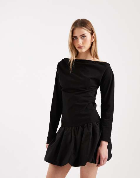 ASOS DESIGN - Robe courte à jupe bouffante et épaules tombantes - Noir - view 1
