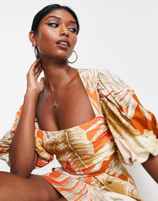 ASOS DESIGN - Robe courte à manches blousantes exagérées avec taille portefeuille et imprimé tropical palmiers , 3 de 4