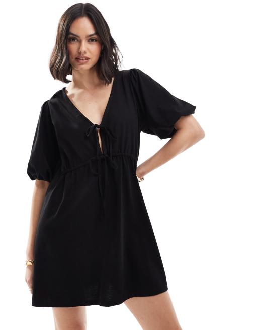 ASOS DESIGN - Robe courte à manches bouffantes et corsage à liens - Noir
