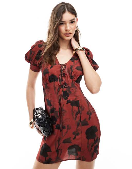ASOS DESIGN Robe courte a manches bouffantes et imprime fleuri vintage avec liens noues a l avant Rouge