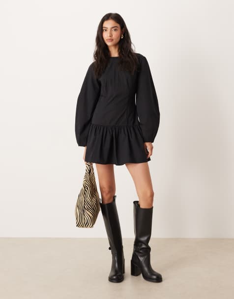 ASOS DESIGN - Robe courte à manches bouffantes et taille basse - Noir - view 1
