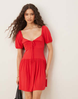 ASOS DESIGN - Robe courte à manches bouffantes - Rouge - view 1