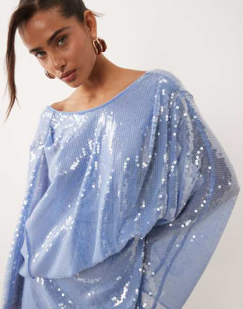 ASOS DESIGN - Robe courte à manches chauve-souris et sequins effet verre avec corsage drapé - Bleu - view 1