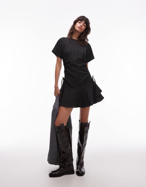 ASOS DESIGN - Robe courte à manches courtes avec détails froncés et noués et fines rayures - Noir - view 1