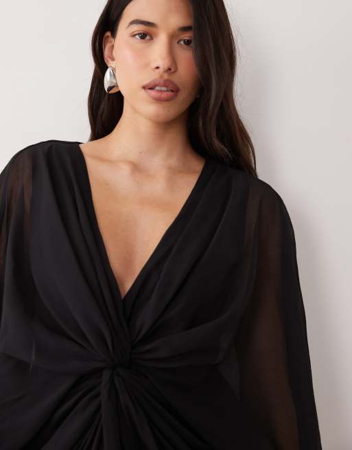 ASOS DESIGN robe courte à manches longues avec devant torsadé et dos ouvert, noire, 4 de 4