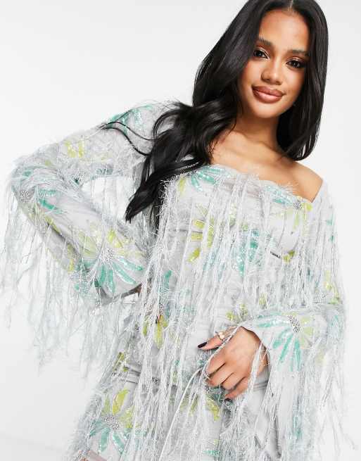 ASOS DESIGN - Robe courte à manches longues avec franges et fleurs à sequins sur l'ensemble , 4 de 4