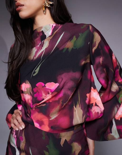 ASOS DESIGN - Robe courte à motif fleuri effet flou avec manches longues et taille pincée, 3 de 4