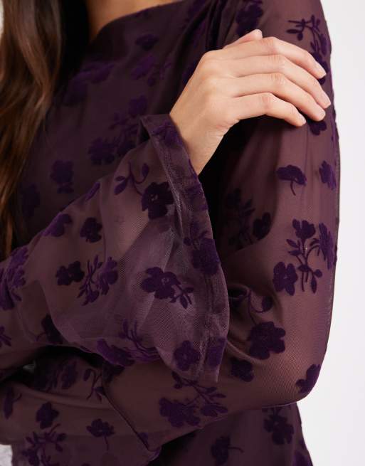 ASOS DESIGN - Robe courte à motif fleuri floqué avec manches évasées - Figue, 4 de 4
