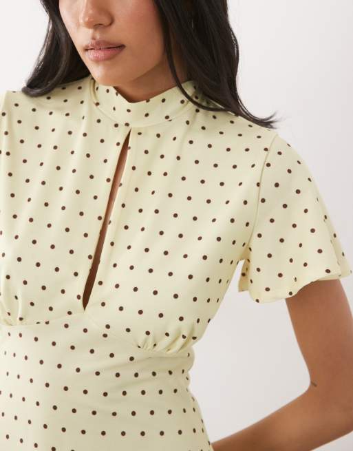 ASOS DESIGN - Robe courte à pois avec mancherons et détail noué - Marron/babeurre, 3 de 4
