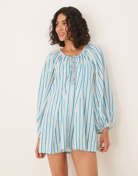 ASOS DESIGN - Robe courte à rayures avec encolure dégagée froncée avec liens et manches volumineuses - view 1