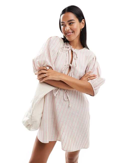 ASOS DESIGN - Robe courte à rayures nouée sur l'avant avec ourlet à basque - Naturel
