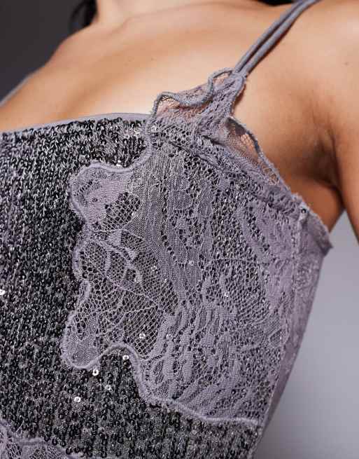 ASOS DESIGN - Robe courte à sequins avec détails en dentelle - Argenté, 3 de 4
