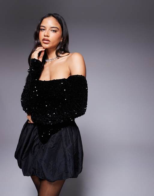 ASOS DESIGN - Robe courte à sequins avec encolure bardot, manches longues et ourlet boule - Noir, 2 de 4