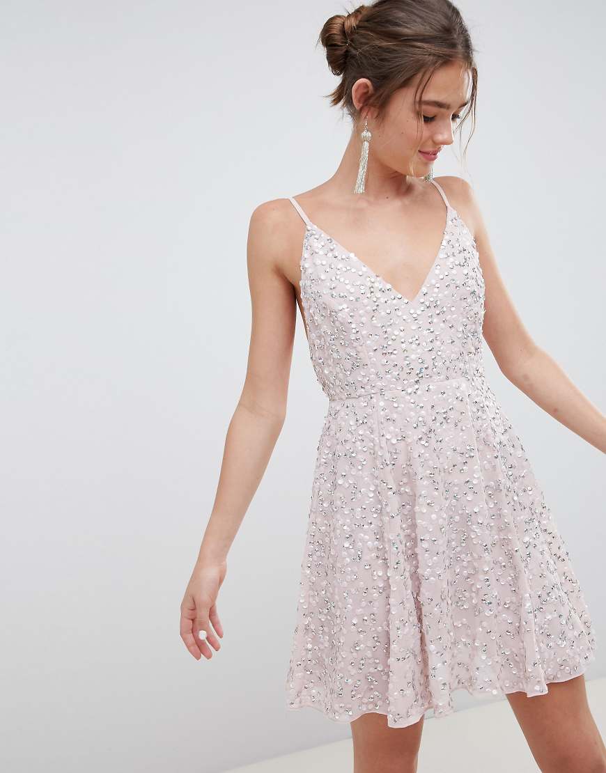 ASOS DESIGN - Robe courte à sequins délicats et décolleté plongeant avec jupe évasée | ASOS