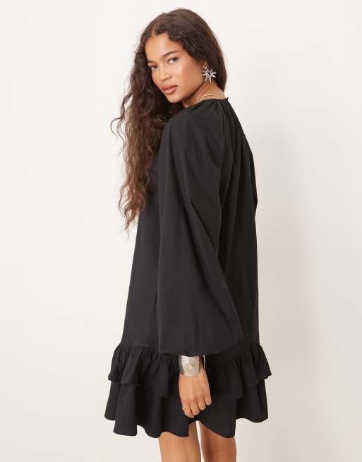 ASOS DESIGN - Robe courte à taille basse avec détails à volants et finitions en dentelle - Noir, 2 de 4