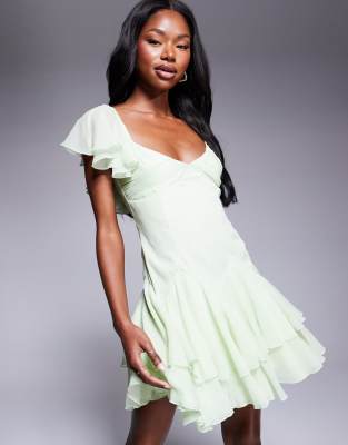 ASOS DESIGN - Robe courte à taille tombante avec jupe volumineuse - Vert sauge - view 1
