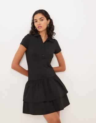 ASOS DESIGN - Robe courte à volants avec col polo et manches courtes - Noir