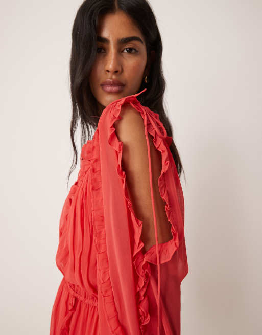 ASOS DESIGN - Robe courte à volants et col en V nouée à l'avant - Rouge, 3 de 4