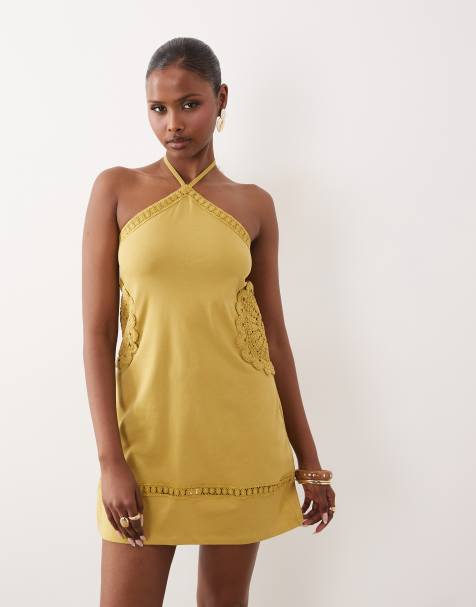 ASOS DESIGN - Robe courte ajustée et évasée avec dos nu et empiècement au crochet - Kaki - view 1