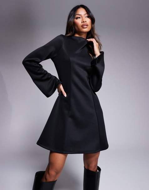 ASOS DESIGN - Robe courte ajustée et évasée en néoprène à col montant - Noir - view 1