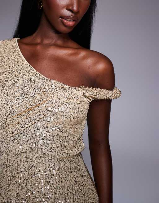 ASOS DESIGN - Robe courte asymétrique à épaule torsadée et sequins - Doré, 3 de 4
