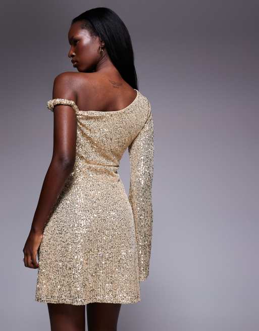 ASOS DESIGN - Robe courte asymétrique à épaule torsadée et sequins - Doré, 4 de 4