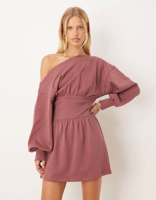 Robe courte asymétrique en coton à épaule dénudée et taille élastique - Rose intense-Rouge 34