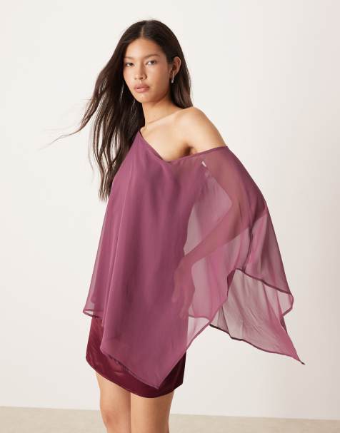 ASOS DESIGN - Robe courte asymétrique en satin et mousseline - Prune - view 1