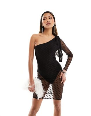 ASOS DESIGN one sleeve mini dress in spot mesh with oversized bow in black - ASOS Price Checker