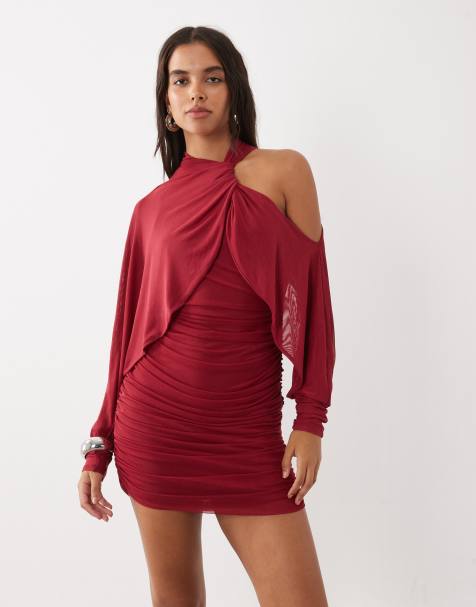 ASOS DESIGN robe courte asymétrique en tulle froncée à manches chauve-souris couleur bordeaux - view 1