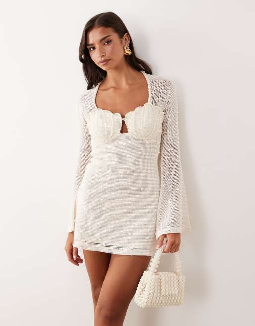ASOS DESIGN - Robe courte au crochet ornée de perles avec coquillages sur le buste - Crème, 3 de 4