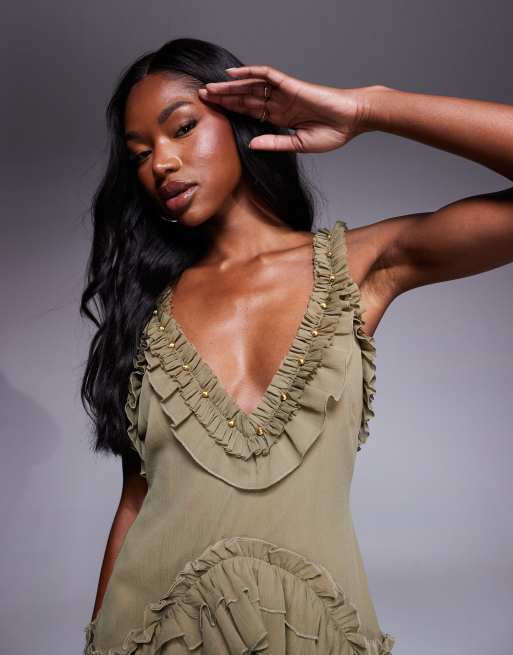ASOS DESIGN - Robe courte avec bretelles à volants et finitions dorées - Kaki, 2 de 4