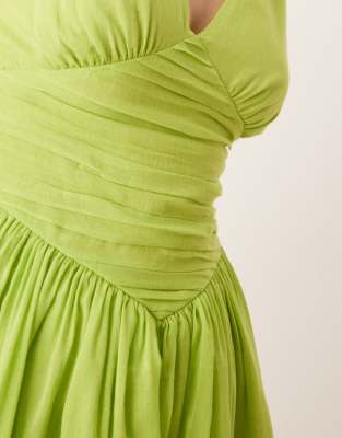 ASOS DESIGN V-neck mini dress with hanky hem in kiwi green