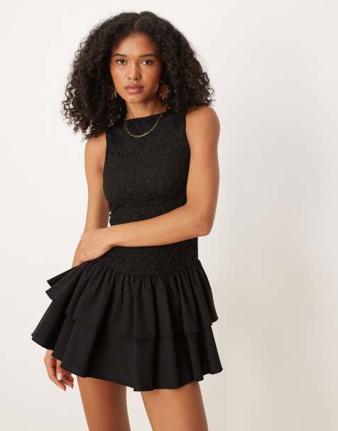 ASOS DESIGN - Robe courte avec corsage en dentelle et jupe en popeline - Noir - view 1
