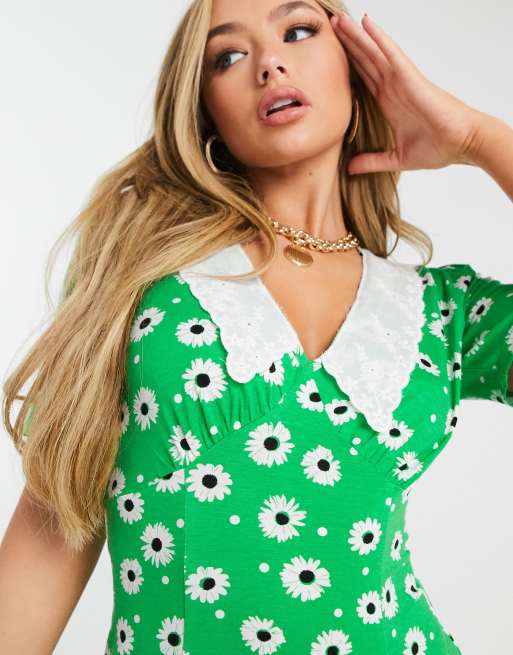 ASOS DESIGN - Robe courte avec détail sur le col et motif à fleurs - Vert vif, 3 de 4