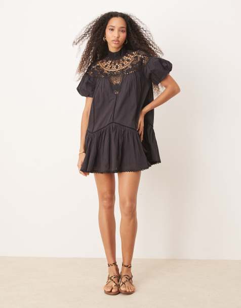 ASOS DESIGN - Robe courte avec manches bouffantes et détail en dentelle - Noir - view 1