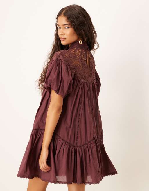 ASOS DESIGN - Robe courte avec manches bouffantes et détail en dentelle - Prune, 4 de 4