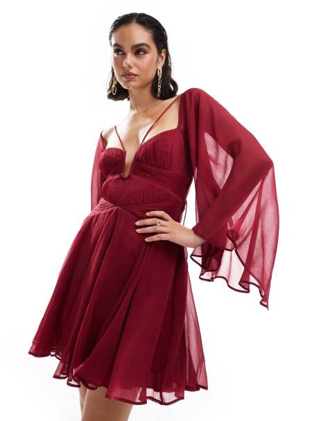 ASOS DESIGN - Robe courte avec manches longues et godets - Bordeaux - view 1